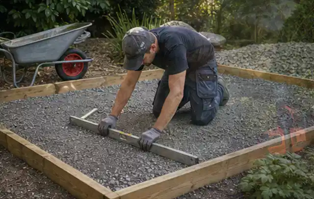 Person richtet eine verdichtete Kiesfläche mit Wasserwaage und Abziehlatte aus; Thema Lagerhaus im Garten, Schwerpunkt Kosten; Umsetzung.