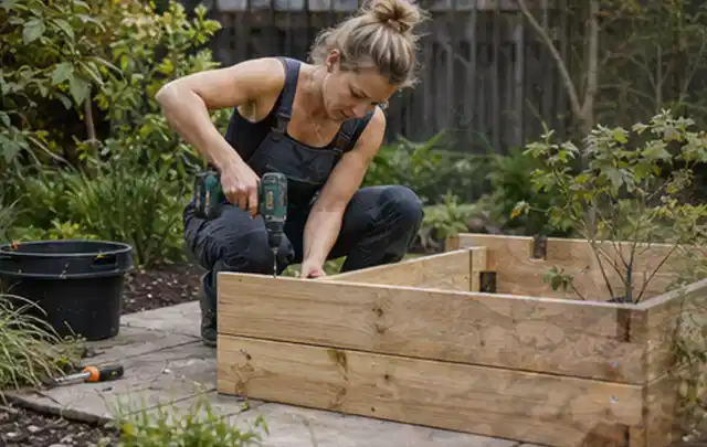 Person montiert ein massives Hochbeet aus unbehandeltem Holz im Garten; Thema Lagerhaus im Garten, Schwerpunkt Kosten; Ergebnis.