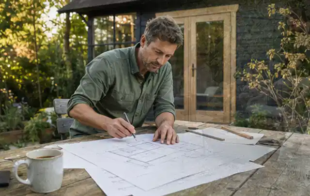 Person prüft Bauzeichnungen an einem Gartentisch vor einem kleinen Gartenhaus; Thema Lagerhaus im Garten, Schwerpunkt Kosten; Praxisalltag.