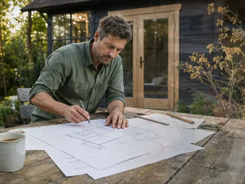 Person prüft Bauzeichnungen an einem Gartentisch vor einem kleinen Gartenhaus; Thema Lagerhaus im Garten, Schwerpunkt Materialwahl; Titelbild.