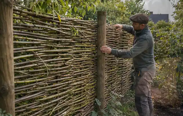 Person befestigt geflochtene Weidenruten an stabilen Holzpfosten im Garten; Thema Lagerhaus im Garten, Schwerpunkt Materialwahl; Ausgangslage.