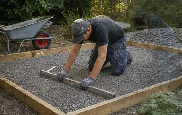 Person richtet eine verdichtete Kiesfläche mit Wasserwaage und Abziehlatte aus; Thema Lagerhaus im Garten, Schwerpunkt Materialwahl; Kontrolle.
