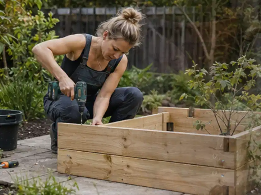 Person montiert ein massives Hochbeet aus unbehandeltem Holz im Garten; Thema Lagerhaus im Garten, Schwerpunkt Nachhaltigkeit; Titelbild.