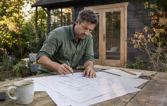 Person prüft Bauzeichnungen an einem Gartentisch vor einem kleinen Gartenhaus; Thema Lagerhaus im Garten, Schwerpunkt Nachhaltigkeit; Ausgangslage.