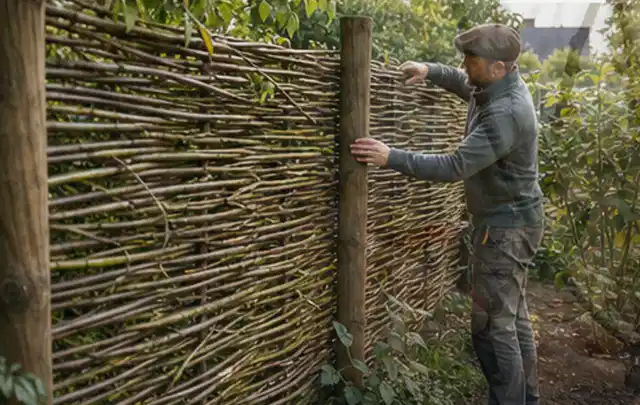 Person befestigt geflochtene Weidenruten an stabilen Holzpfosten im Garten; Thema Lagerhaus im Garten, Schwerpunkt Nachhaltigkeit; Umsetzung.