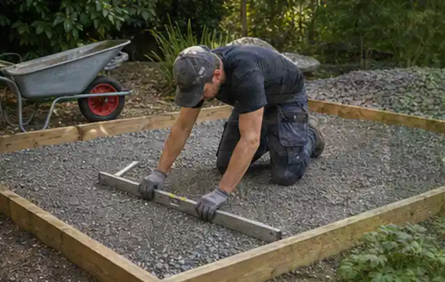 Person richtet eine verdichtete Kiesfläche mit Wasserwaage und Abziehlatte aus; Thema Lagerhaus im Garten, Schwerpunkt Nachhaltigkeit; Kontrolle.