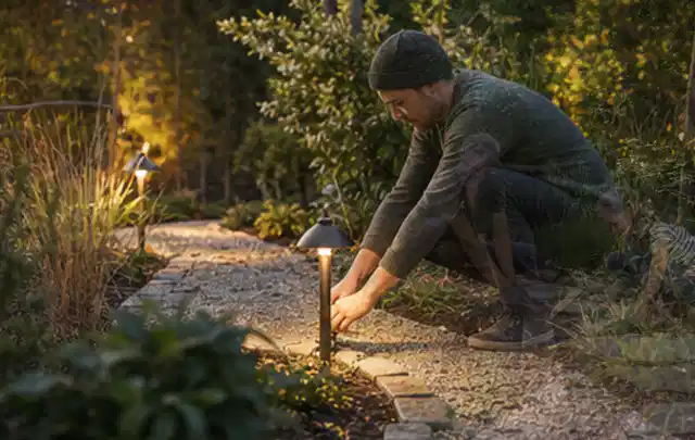 Person richtet eine niedrige warm leuchtende Gartenlampe am Kiesweg aus; Thema Lagerhaus im Garten, Schwerpunkt Nachhaltigkeit; Ergebnis.