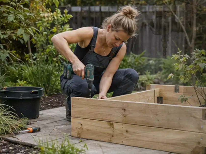 Person montiert ein massives Hochbeet aus unbehandeltem Holz im Garten; Thema Lagerhaus im Garten, Schwerpunkt Pflege; Titelbild.