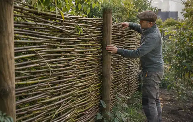 Person befestigt geflochtene Weidenruten an stabilen Holzpfosten im Garten; Thema Lagerhaus im Garten, Schwerpunkt Pflege; Ausgangslage.