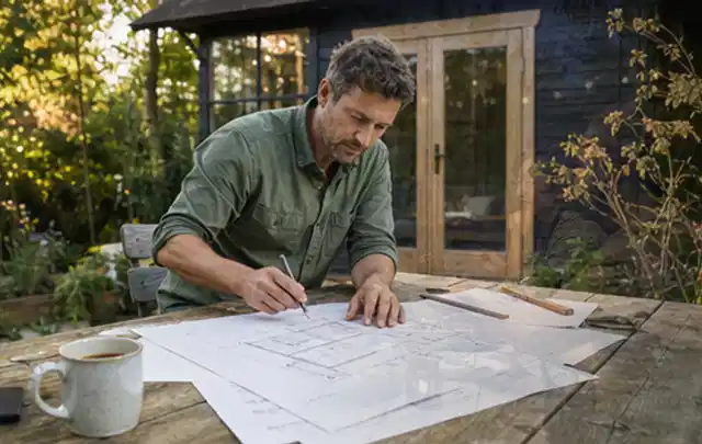 Person prüft Bauzeichnungen an einem Gartentisch vor einem kleinen Gartenhaus; Thema Lagerhaus im Garten, Schwerpunkt Pflege; Ergebnis.