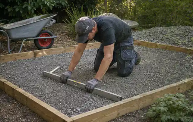 Person richtet eine verdichtete Kiesfläche mit Wasserwaage und Abziehlatte aus; Thema Lagerhaus im Garten, Schwerpunkt Pflege; Praxisalltag.