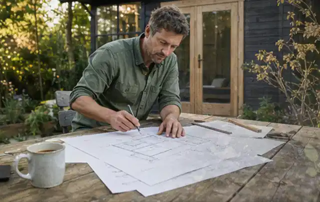 Person prüft Bauzeichnungen an einem Gartentisch vor einem kleinen Gartenhaus; Thema Lagerhaus im Garten, Schwerpunkt Planung; Umsetzung.