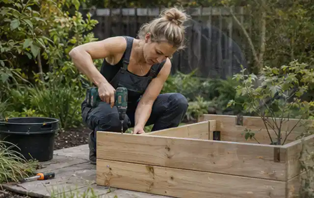 Person montiert ein massives Hochbeet aus unbehandeltem Holz im Garten; Thema Lagerhaus im Garten, Schwerpunkt Planung; Kontrolle.