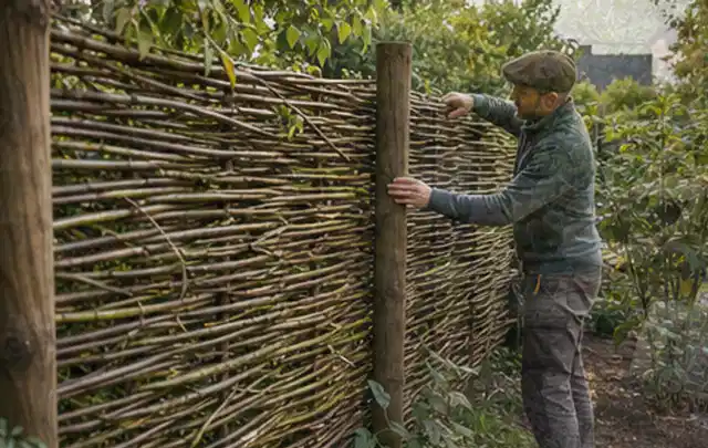Person befestigt geflochtene Weidenruten an stabilen Holzpfosten im Garten; Thema Lagerhaus im Garten, Schwerpunkt Planung; Ergebnis.