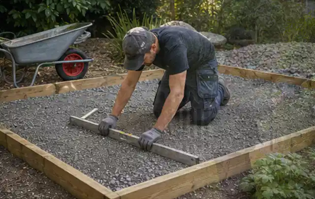 Person richtet eine verdichtete Kiesfläche mit Wasserwaage und Abziehlatte aus; Thema Lagerhaus im Garten, Schwerpunkt Planung; Praxisalltag.