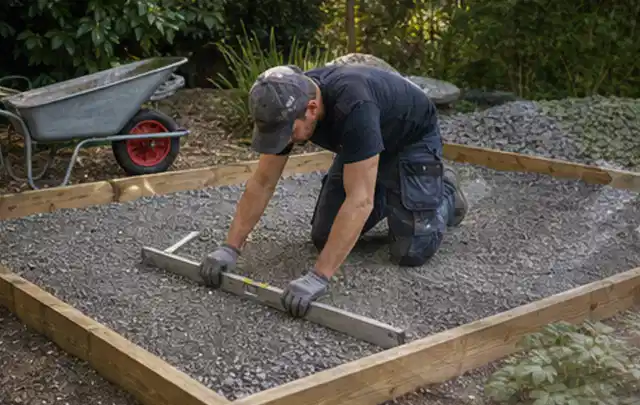 Person richtet eine verdichtete Kiesfläche mit Wasserwaage und Abziehlatte aus; Thema Lagerhaus im Garten, Schwerpunkt Standort; Ausgangslage.