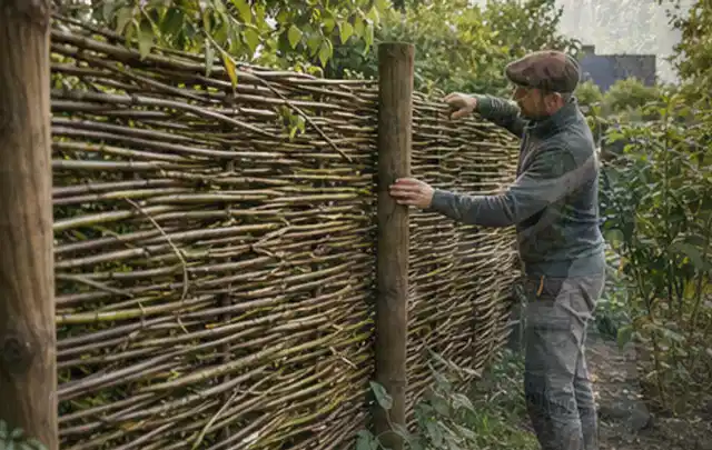 Person befestigt geflochtene Weidenruten an stabilen Holzpfosten im Garten; Thema Lagerhaus im Garten, Schwerpunkt Standort; Kontrolle.