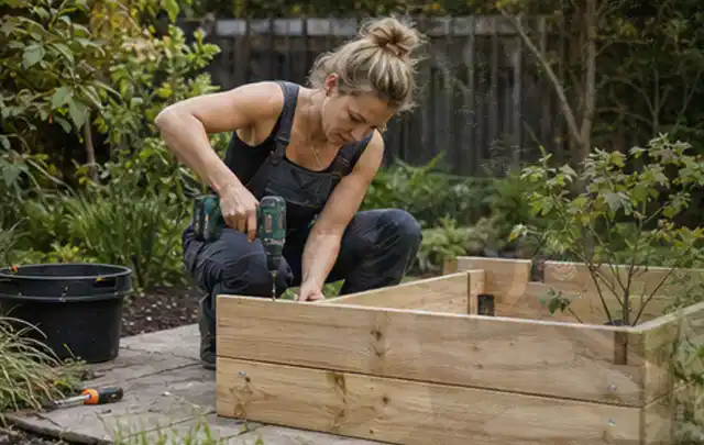 Person montiert ein massives Hochbeet aus unbehandeltem Holz im Garten; Thema Lagerhaus im Garten, Schwerpunkt Standort; Ergebnis.
