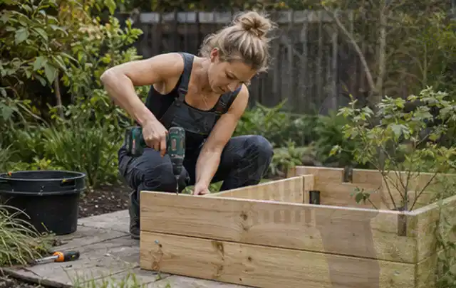 Person montiert ein massives Hochbeet aus unbehandeltem Holz im Garten; Thema Lagerhaus im Garten, Schwerpunkt Winterschutz; Kontrolle.