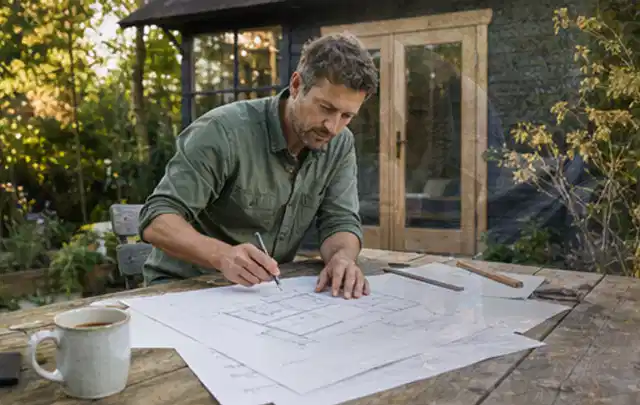 Person prüft Bauzeichnungen an einem Gartentisch vor einem kleinen Gartenhaus; Thema Lagerhaus im Garten, Schwerpunkt Winterschutz; Praxisalltag.