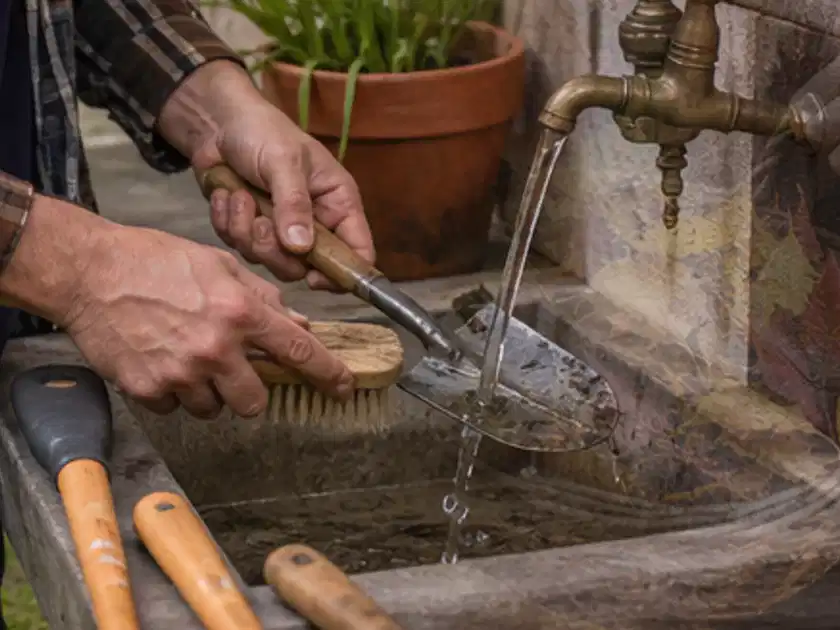 Hände reinigen gebrauchte Gartengeräte mit Bürste und Wasser am Außenbecken; Thema Laubbläser, Schwerpunkt Checkliste; Titelbild.