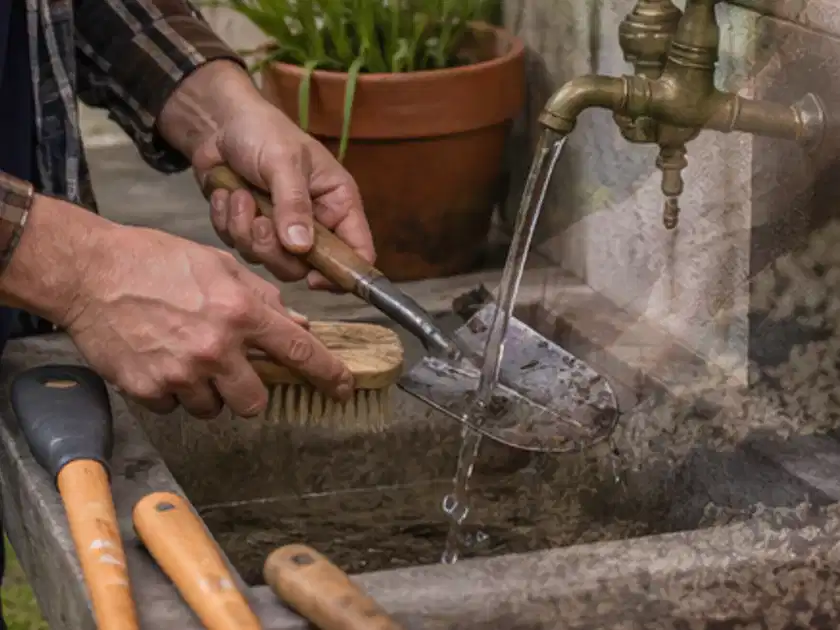 Hände reinigen gebrauchte Gartengeräte mit Bürste und Wasser am Außenbecken; Thema Laubbläser, Schwerpunkt Dimensionierung; Titelbild.