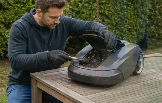 Person wartet einen geöffneten Mähroboter auf einem stabilen Gartentisch; Thema Laubbläser, Schwerpunkt Dimensionierung; Kontrolle.