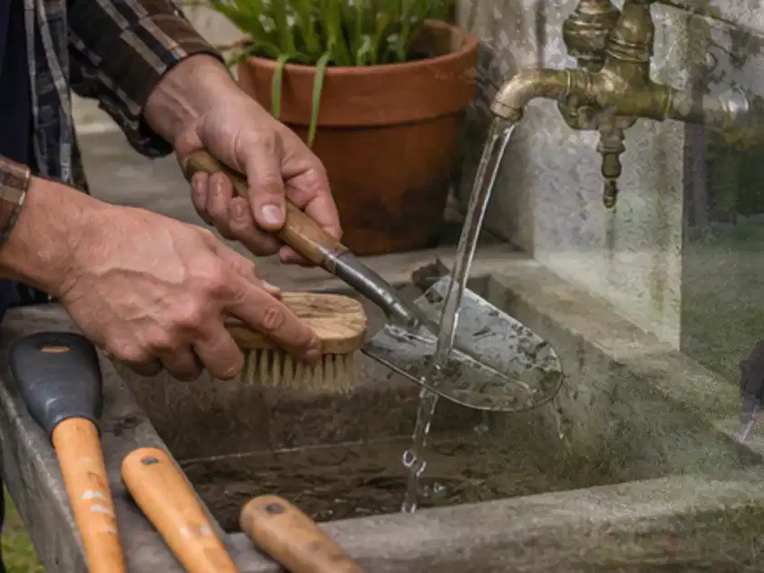 Hände reinigen gebrauchte Gartengeräte mit Bürste und Wasser am Außenbecken; Thema Laubbläser, Schwerpunkt Ersatzteile; Titelbild.