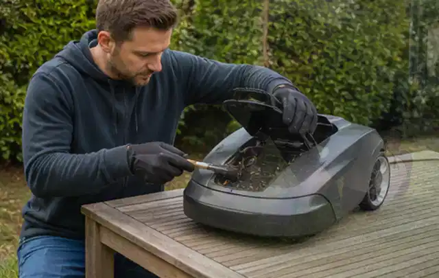 Person wartet einen geöffneten Mähroboter auf einem stabilen Gartentisch; Thema Laubbläser, Schwerpunkt Ersatzteile; Ausgangslage.