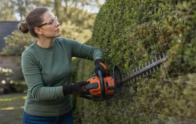 Person schneidet eine dichte Gartenhecke mit Schutzbrille und sicherem Stand; Thema Laubbläser, Schwerpunkt Ersatzteile; Kontrolle.