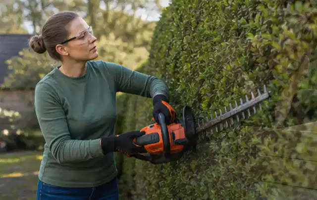 Person schneidet eine dichte Gartenhecke mit Schutzbrille und sicherem Stand; Thema Laubbläser, Schwerpunkt Gärten mit großer Fläche; Kontrolle.