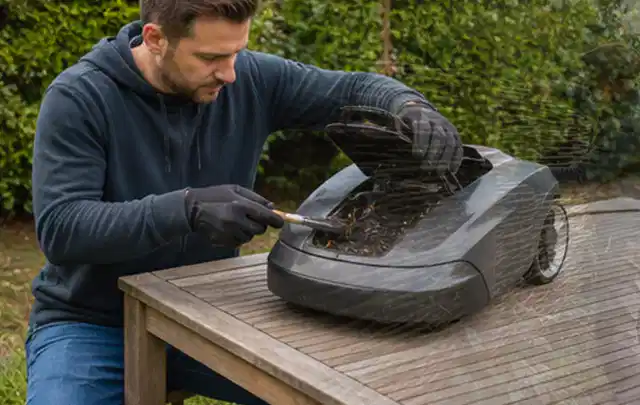 Person wartet einen geöffneten Mähroboter auf einem stabilen Gartentisch; Thema Laubbläser, Schwerpunkt Gärten mit großer Fläche; Praxisalltag.