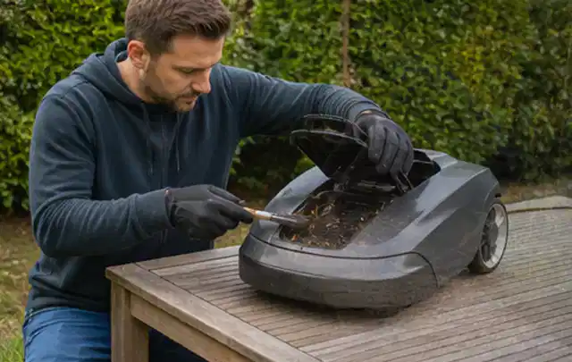 Person wartet einen geöffneten Mähroboter auf einem stabilen Gartentisch; Thema Laubbläser, Schwerpunkt Gärten mit kleiner Fläche; Ergebnis.