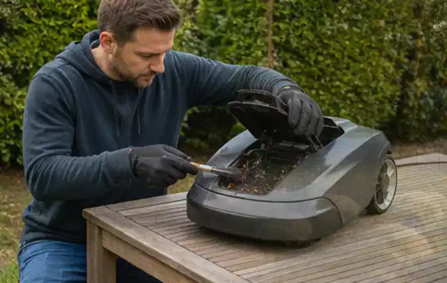 Person wartet einen geöffneten Mähroboter auf einem stabilen Gartentisch; Thema Laubbläser, Schwerpunkt Gartengeräte; Umsetzung.