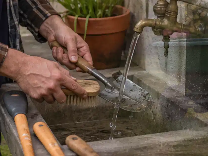 Hände reinigen gebrauchte Gartengeräte mit Bürste und Wasser am Außenbecken; Thema Laubbläser, Schwerpunkt Kaufberatung; Titelbild.