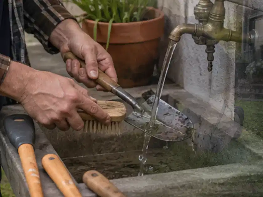 Hände reinigen gebrauchte Gartengeräte mit Bürste und Wasser am Außenbecken; Thema Laubbläser, Schwerpunkt Kosten; Titelbild.