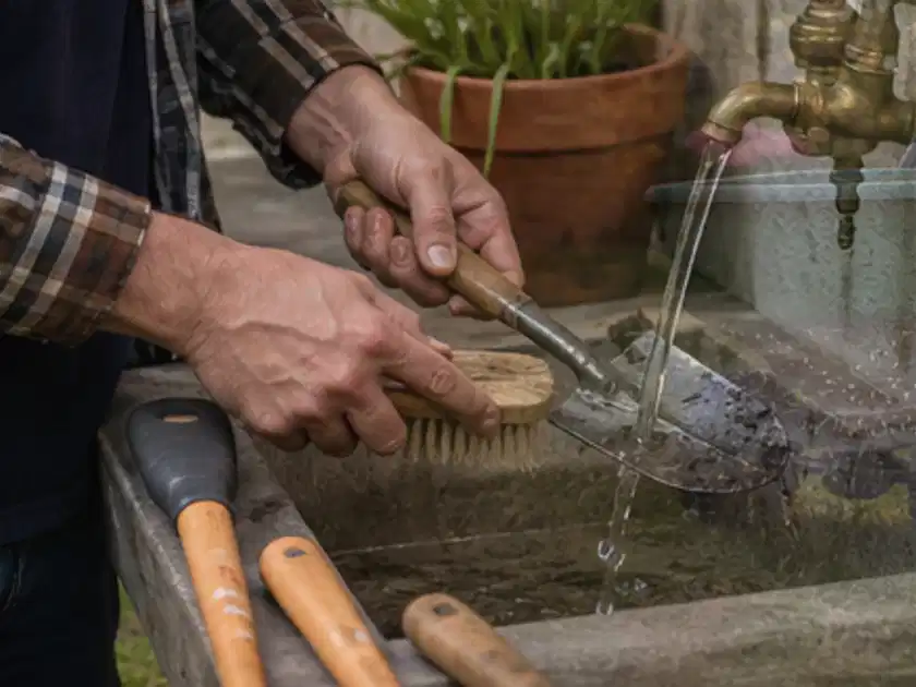 Hände reinigen gebrauchte Gartengeräte mit Bürste und Wasser am Außenbecken; Thema Laubbläser, Schwerpunkt Leistung; Titelbild.
