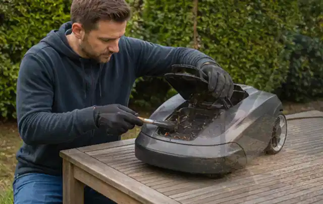 Person wartet einen geöffneten Mähroboter auf einem stabilen Gartentisch; Thema Laubbläser, Schwerpunkt Leistung; Praxisalltag.