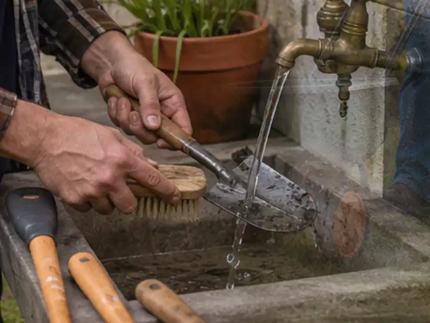 Hände reinigen gebrauchte Gartengeräte mit Bürste und Wasser am Außenbecken; Thema Laubbläser, Schwerpunkt Nachhaltigkeit; Titelbild.