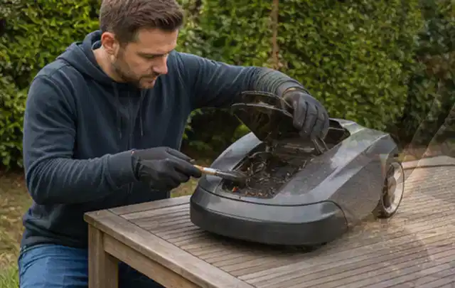Person wartet einen geöffneten Mähroboter auf einem stabilen Gartentisch; Thema Laubbläser, Schwerpunkt Nachhaltigkeit; Ergebnis.