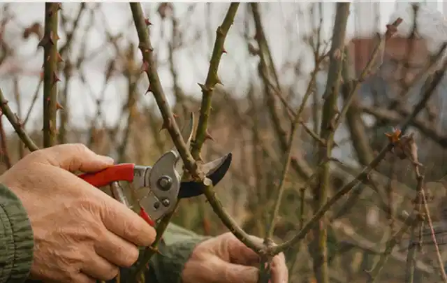 Hände schneiden einen älteren Rosenstrauch mit einer sauberen Gartenschere; Thema Laubbläser, Schwerpunkt Reinigung; Praxisalltag.