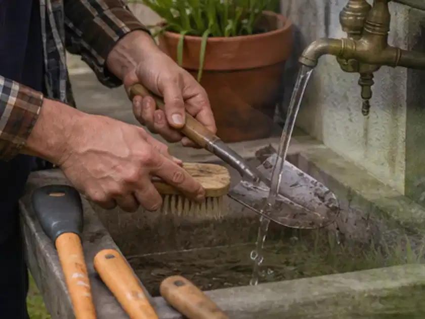 Hände reinigen gebrauchte Gartengeräte mit Bürste und Wasser am Außenbecken; Thema Laubbläser, Schwerpunkt Sicherheit; Titelbild.