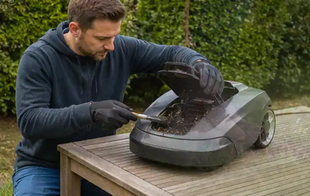 Person wartet einen geöffneten Mähroboter auf einem stabilen Gartentisch; Thema Laubbläser, Schwerpunkt Sicherheit; Ausgangslage.