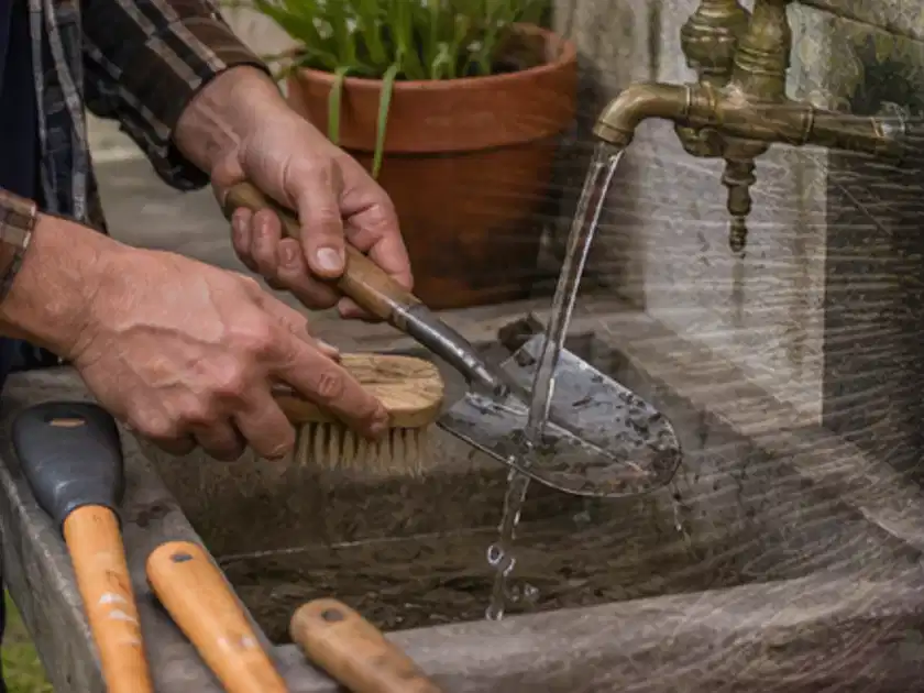 Hände reinigen gebrauchte Gartengeräte mit Bürste und Wasser am Außenbecken; Thema Laubbläser, Schwerpunkt Testkriterien; Titelbild.