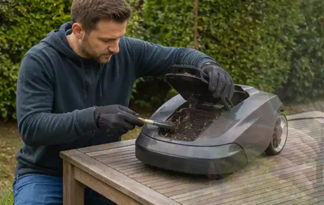 Person wartet einen geöffneten Mähroboter auf einem stabilen Gartentisch; Thema Laubbläser, Schwerpunkt Testkriterien; Praxisalltag.