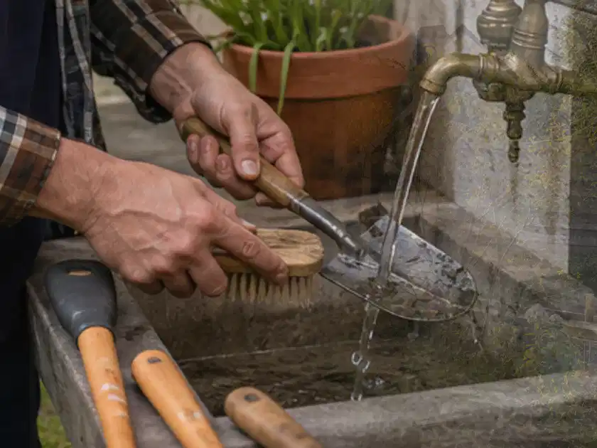 Hände reinigen gebrauchte Gartengeräte mit Bürste und Wasser am Außenbecken; Thema Laubbläser, Schwerpunkt Vergleich; Titelbild.