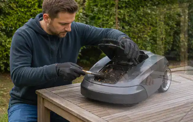 Person wartet einen geöffneten Mähroboter auf einem stabilen Gartentisch; Thema Laubbläser, Schwerpunkt Vergleich; Praxisalltag.
