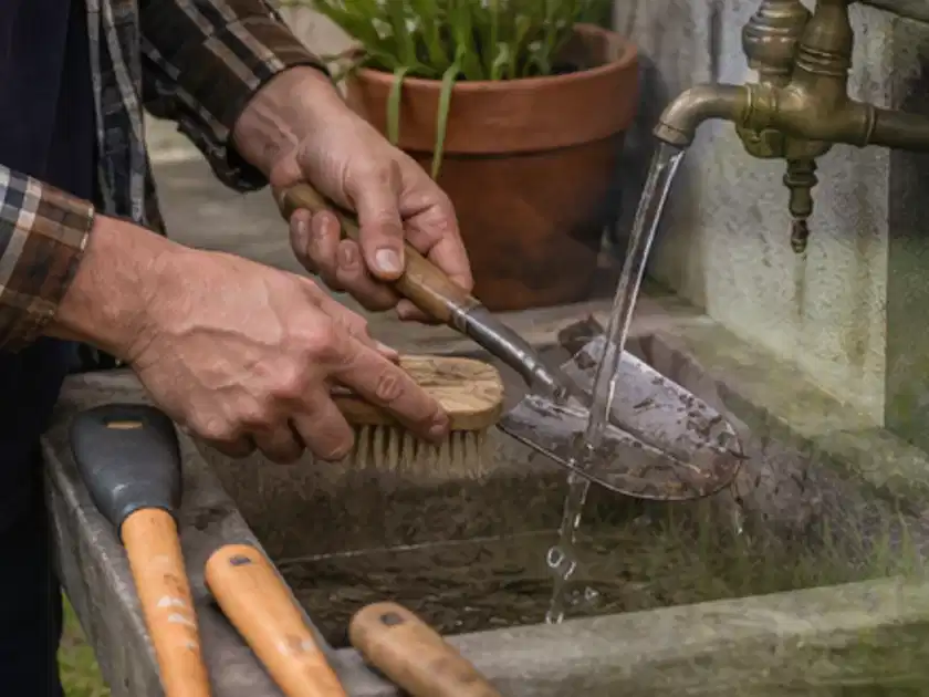 Hände reinigen gebrauchte Gartengeräte mit Bürste und Wasser am Außenbecken; Thema Laubbläser, Schwerpunkt Wartung; Titelbild.