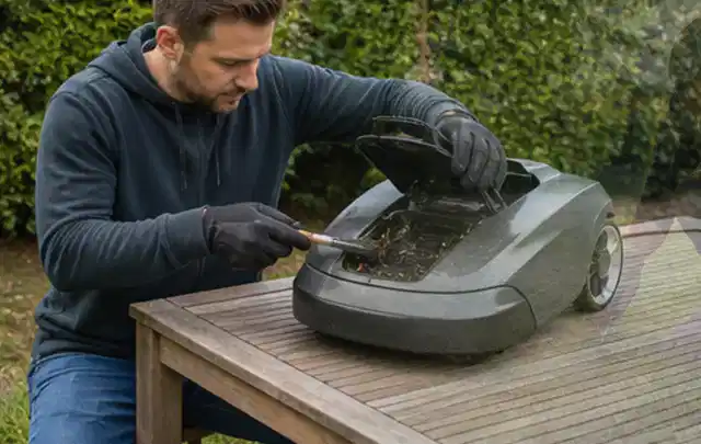 Person wartet einen geöffneten Mähroboter auf einem stabilen Gartentisch; Thema Laubbläser, Schwerpunkt Wartung; Kontrolle.