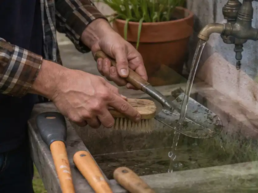 Hände reinigen gebrauchte Gartengeräte mit Bürste und Wasser am Außenbecken; Thema Laubbläser, Schwerpunkt Winterlager; Titelbild.